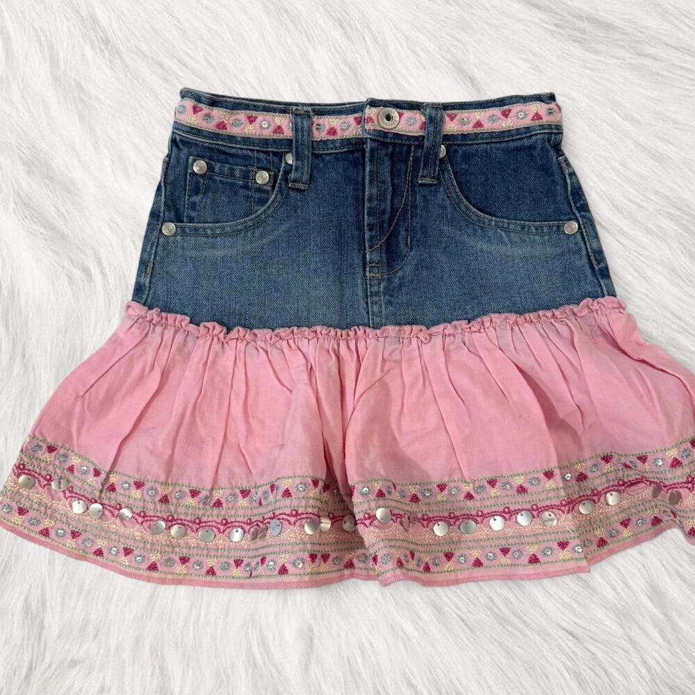 Y2K Vintage Mcbling Squeeze Girls Lolita Style denim skirt pink sequin details 6